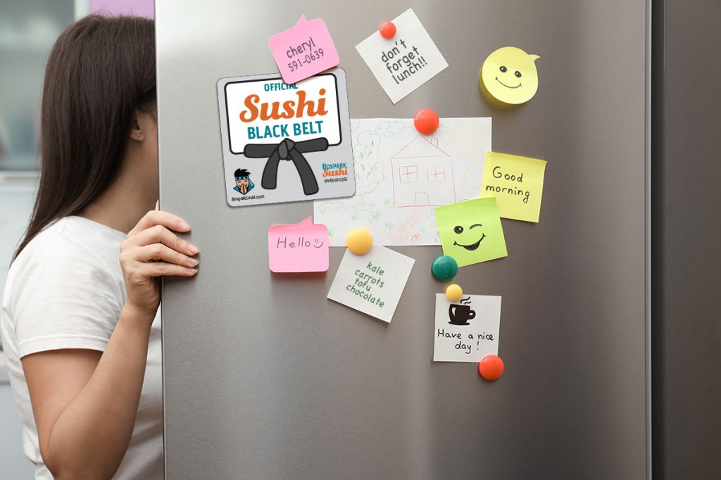 Boxpark Sushi magnet on refrigerator